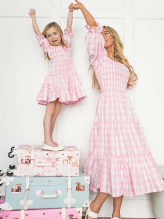 Dámské Barbie Růžové Gingham Šaty Rodič-dítě Kostkované Střední Letní Se Čtvercovým Výstřihem