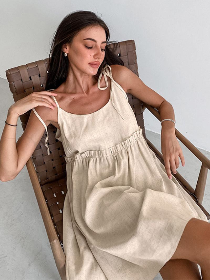 Dámské Letní Šaty Krátké Plážové S Ramínky Za Krkem A Šněrováním Oversized Ecru Bílé - Béžová