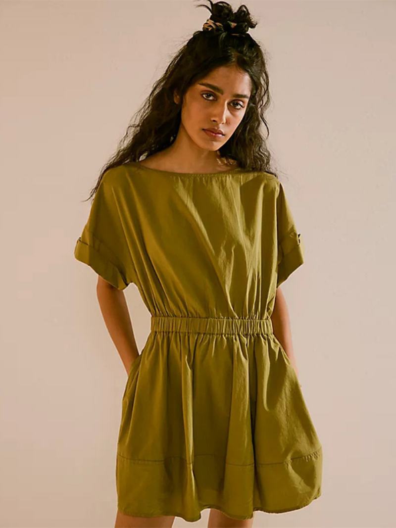 Dámské Letní Šaty Mini Peach Jewel Neck Skládané Polyesterové Plážové - Olivová