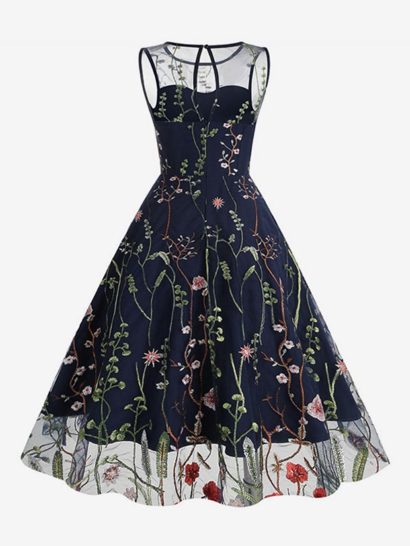 Dámské Retro Šaty 50. Let Styl Audrey Hepburn Modrý Květinový Potisk Průsvitný Vyšívaný Šperk Bez Rukávů S Výstřihem Rockabilly - Modrá