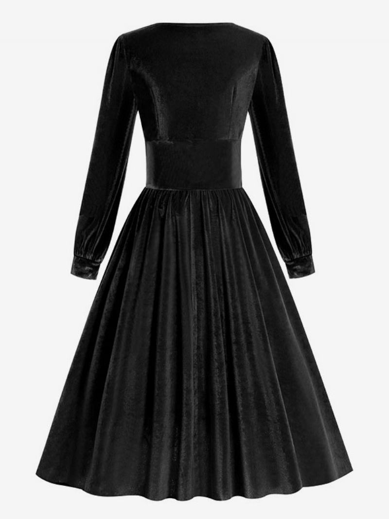 Dámské Vintage Šaty 50. Let Styl Audrey Hepburn Černé Dlouhé Rukávy Čtvercový Výstřih Rockabilly - Černá