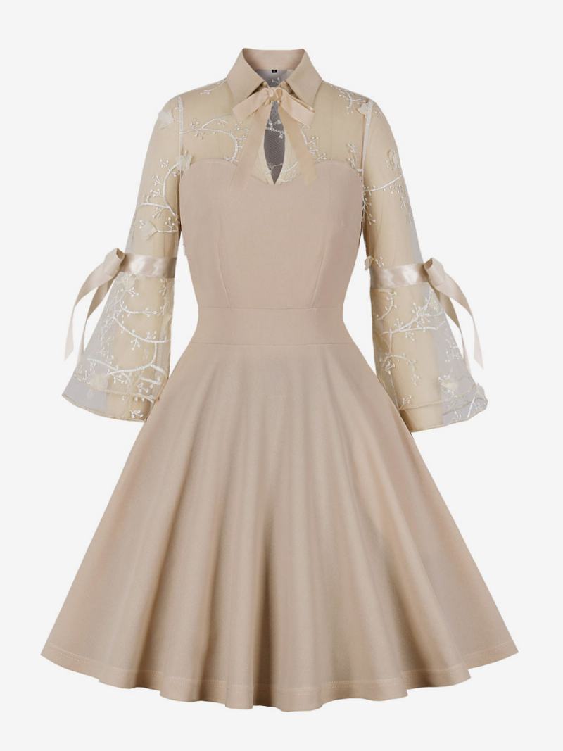 Dámské Vintage Šaty 50. Léta Styl Audrey Hepburn Meruňkový Květinový Potisk Krajka Dlouhé Rukávy Stojánek S Límcem Rockabilly