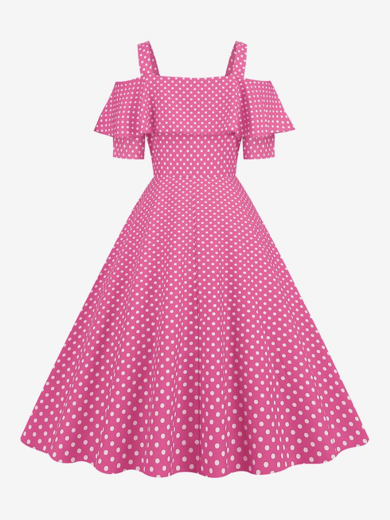 Dámské Vintage Šaty Bateau 50. Léta 20. Století Krátké Rukávy Středně Puntíkované Rockabilly - Růžová