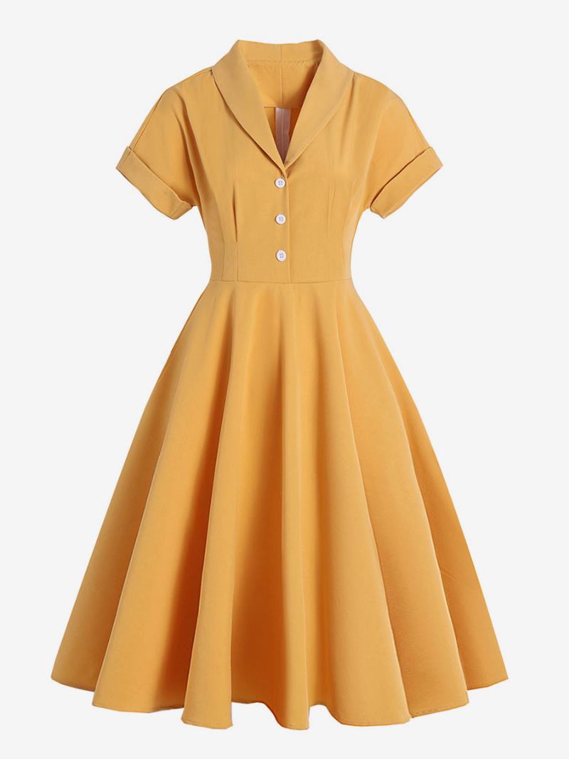 Dámské Vintage Šaty Knoflíky S Límečkem 50. Léta Styl Audrey Hepburn Krátké Rukávy Středně Žluté Rockabilly - Žlutá