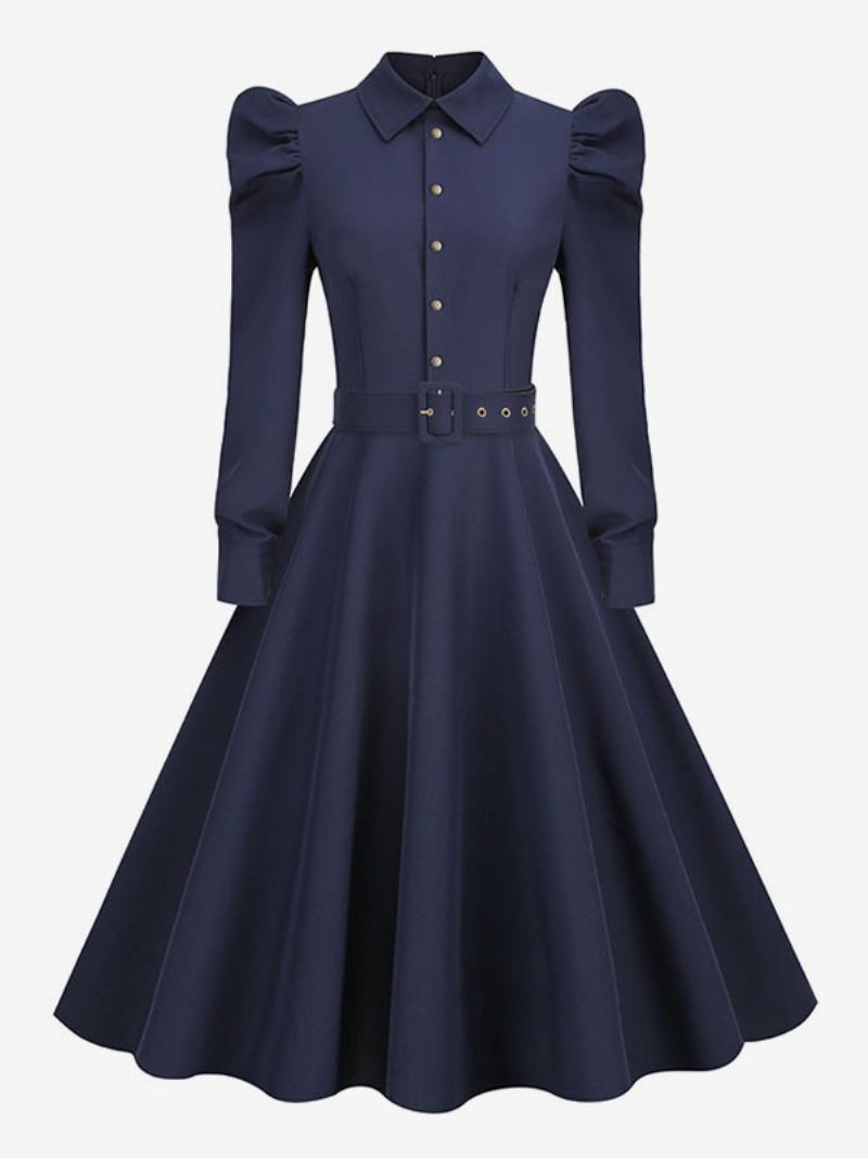 Dámské Vintage Šaty Z 50. Let Styl Audrey Hepburn Dark Navy S Dlouhým Rukávem Límeček Rockabilly