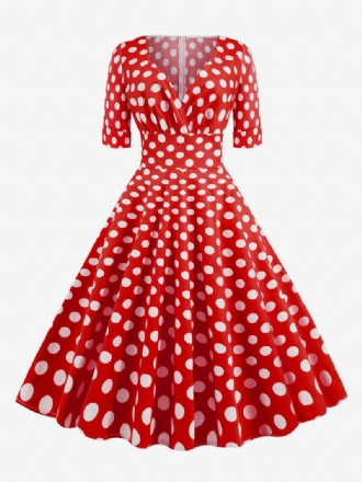 Dámské Vintage Šaty Z 50. Let Styl Audrey Hepburn Červené Puntíkované Krátké Rukávy Swing S Výstřihem Do V