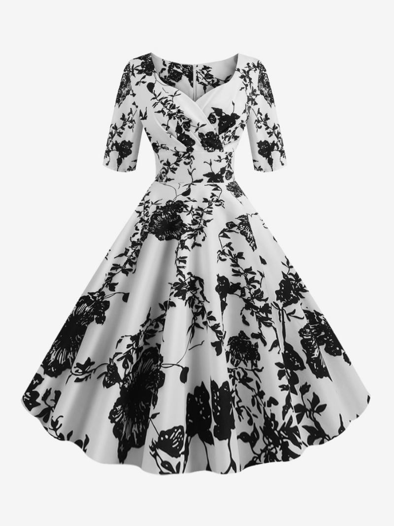 Dámské Vintage Šaty Černé 50. Léta Styl Audrey Hepburn Květinový Potisk Vrstvené Poloviční Rukávy Srdíčkový Krk Střední Rockabilly - Černá