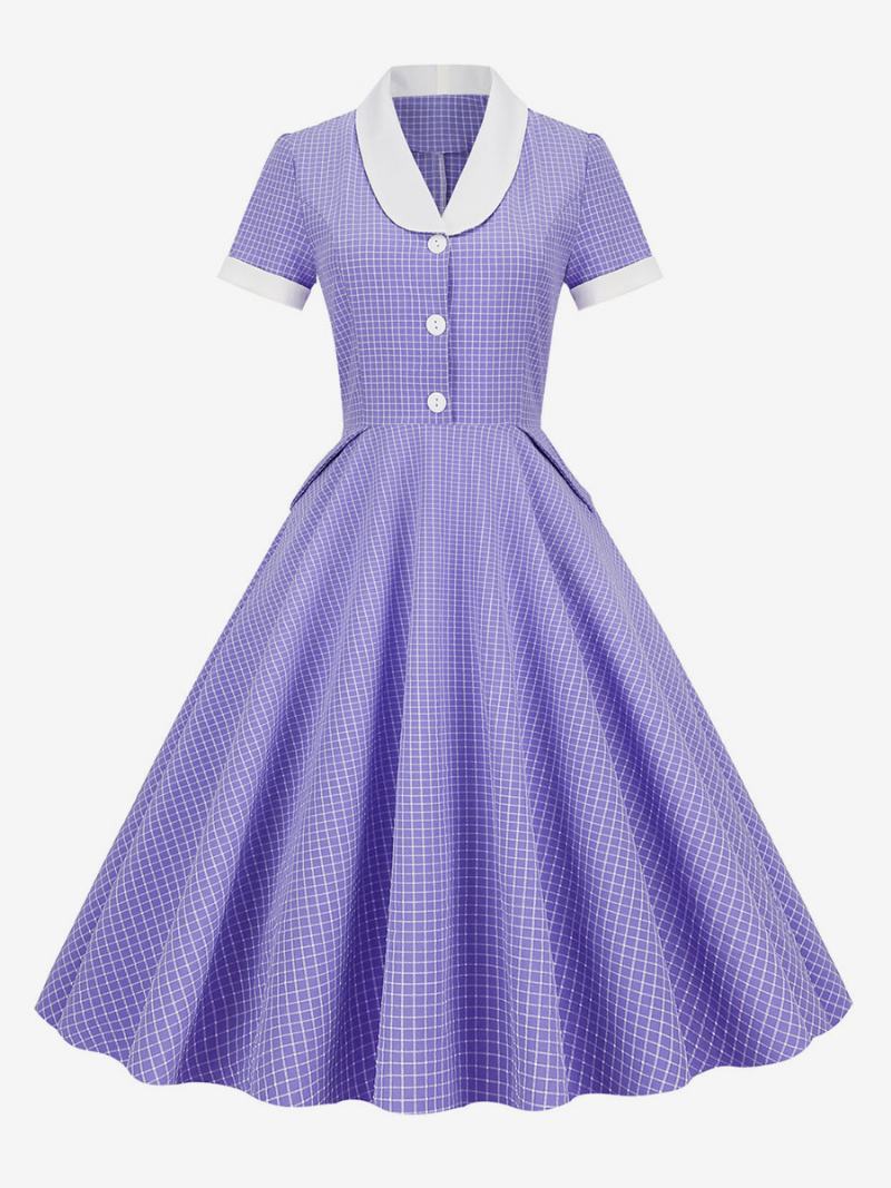 Dámské Šaty Barbie Růžové Gingham Z 50. Let 20. Století Vintage Ve Stylu Audrey Hepburn S Krátkými Rukávy - Fialová