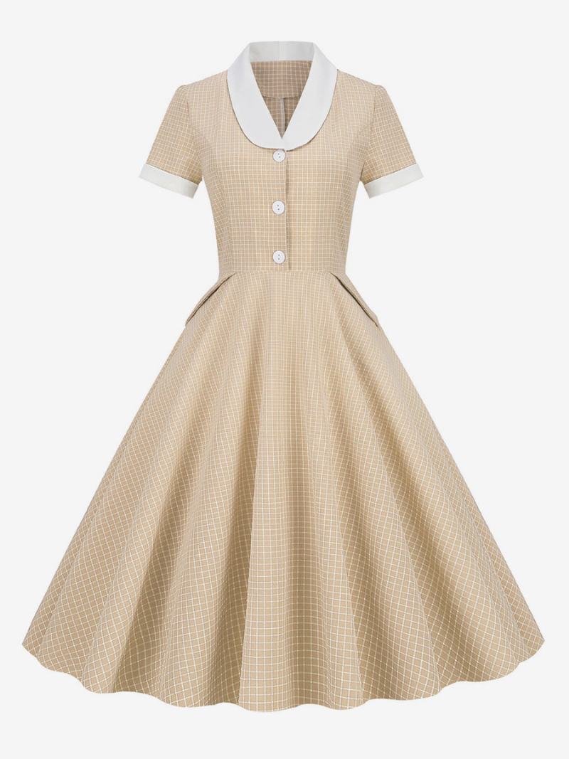 Dámské Šaty Barbie Růžové Gingham Z 50. Let 20. Století Vintage Ve Stylu Audrey Hepburn S Krátkými Rukávy - Světle Světle Žlutá