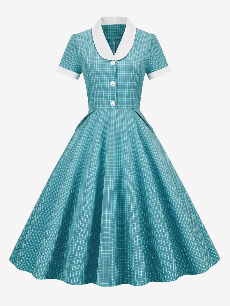 Dámské Šaty Barbie Růžové Gingham Z 50. Let 20. Století Vintage Ve Stylu Audrey Hepburn S Krátkými Rukávy - Azurová
