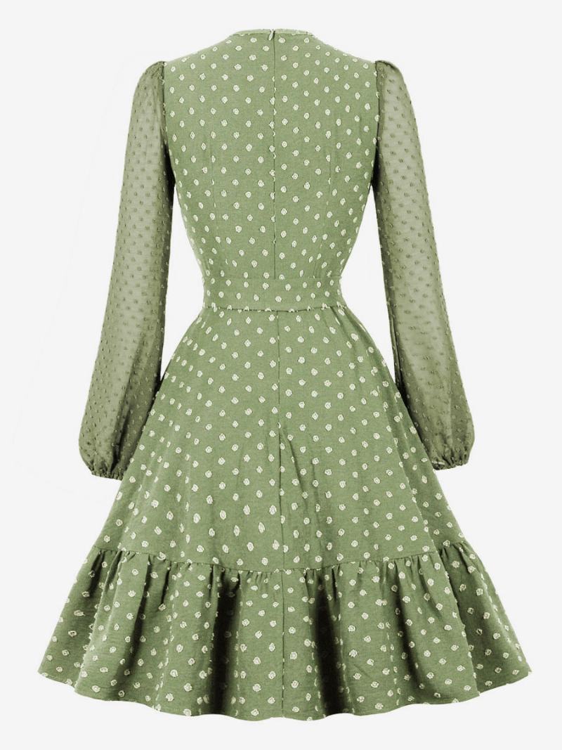 Retro Šaty 50. Léta Styl Audrey Hepburn Dlouhé Rukávy Dámské Swingové Ke Kolenům - Světle Zelená