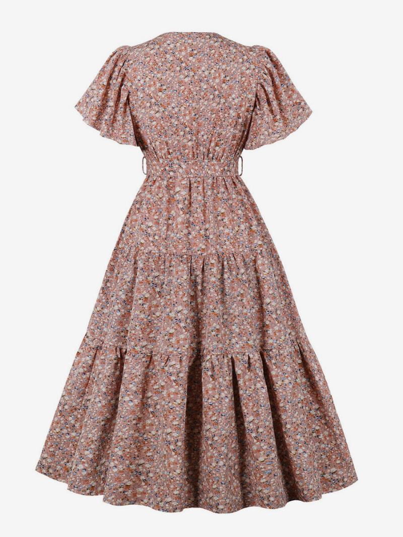 Retro Šaty 50. Léta Styl Audrey Hepburnové Růžový Květinový Potisk Dámské Šněrování Krátké Rukávy Rockabilly S Výstřihem Do V - Růžový