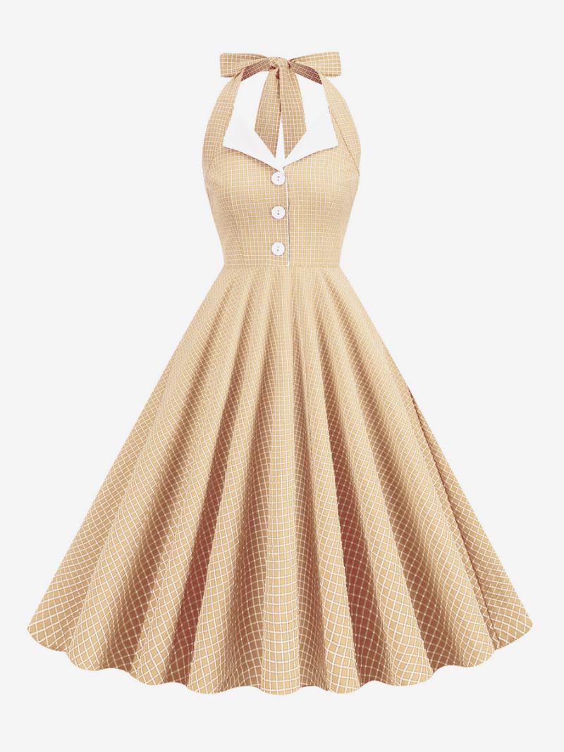 Vintage Šaty 50. Léta Styl Audrey Hepburn S Knoflíky Na Ohlávce Dámské Středně Kostkované Rockabilly Bez Rukávů - Světle Žlutá