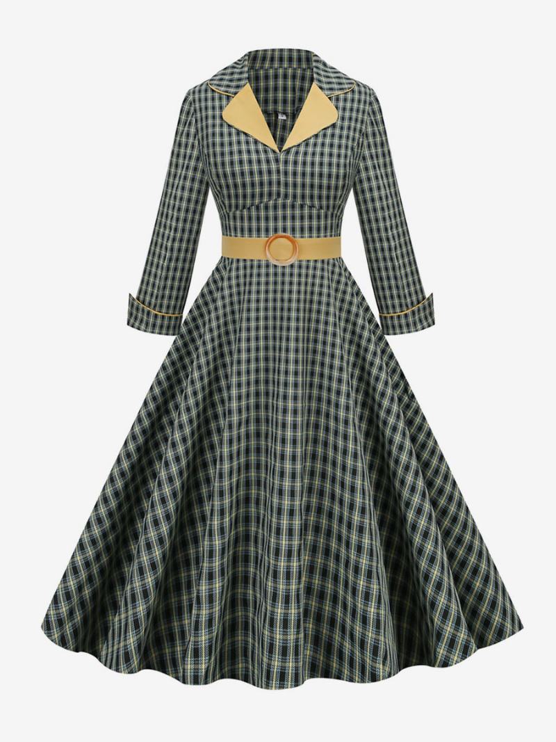 Vintage Šaty 50. Léta Styl Audrey Hepburn Turndown Límec Dlouhé Rukávy Dámské Středně Kostkované Rockabilly