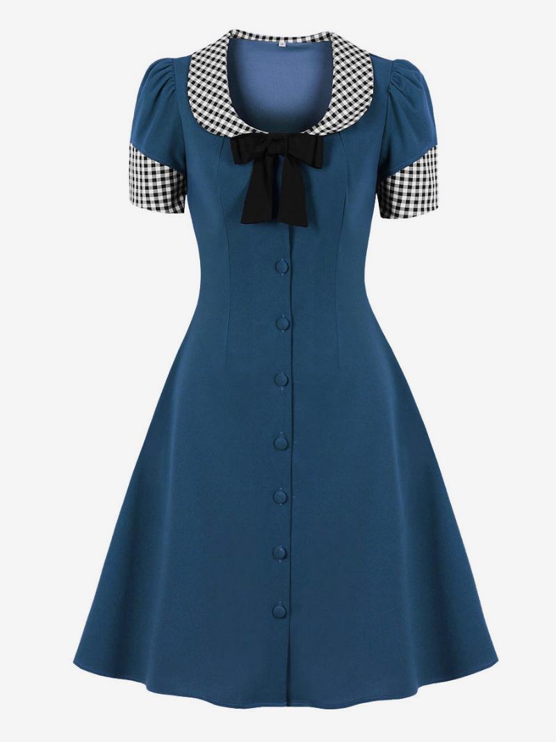 Vintage Šaty 50. Léta Styl Audrey Hepburn Šněrování Krátké Rukávy Dámské Délka Ke Kolenům Color Block Rockabilly - Sytě Modrá