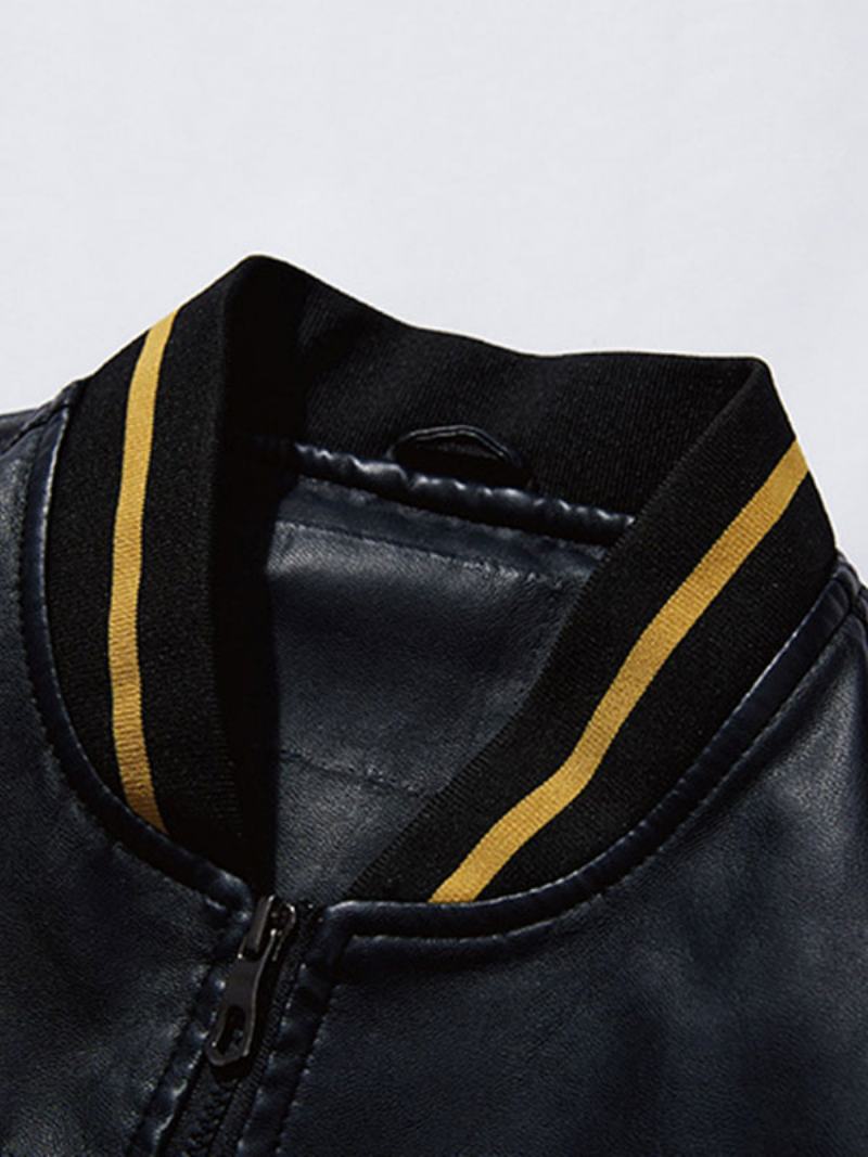 Pánská Kožená Bunda Jednoduchý Vrstvený Zip Geometric Fashion Windbreaker Spring Hunter Green - Černá