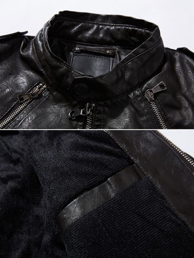 Pánské Kožené Bundy Zip Pu Kůže Tlustá Větrovka Stylová Vrstvená Černá - Tan