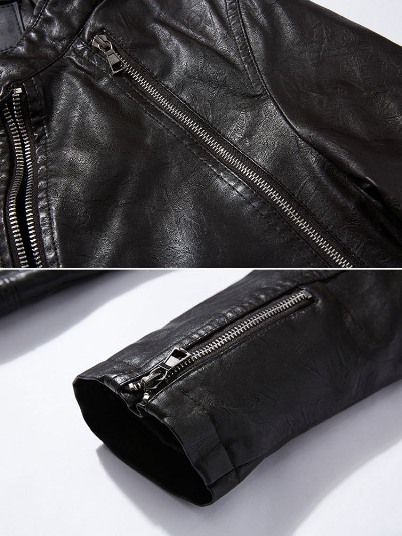 Pánské Kožené Bundy Zip Pu Kůže Tlustá Větrovka Stylová Vrstvená Černá - Tan