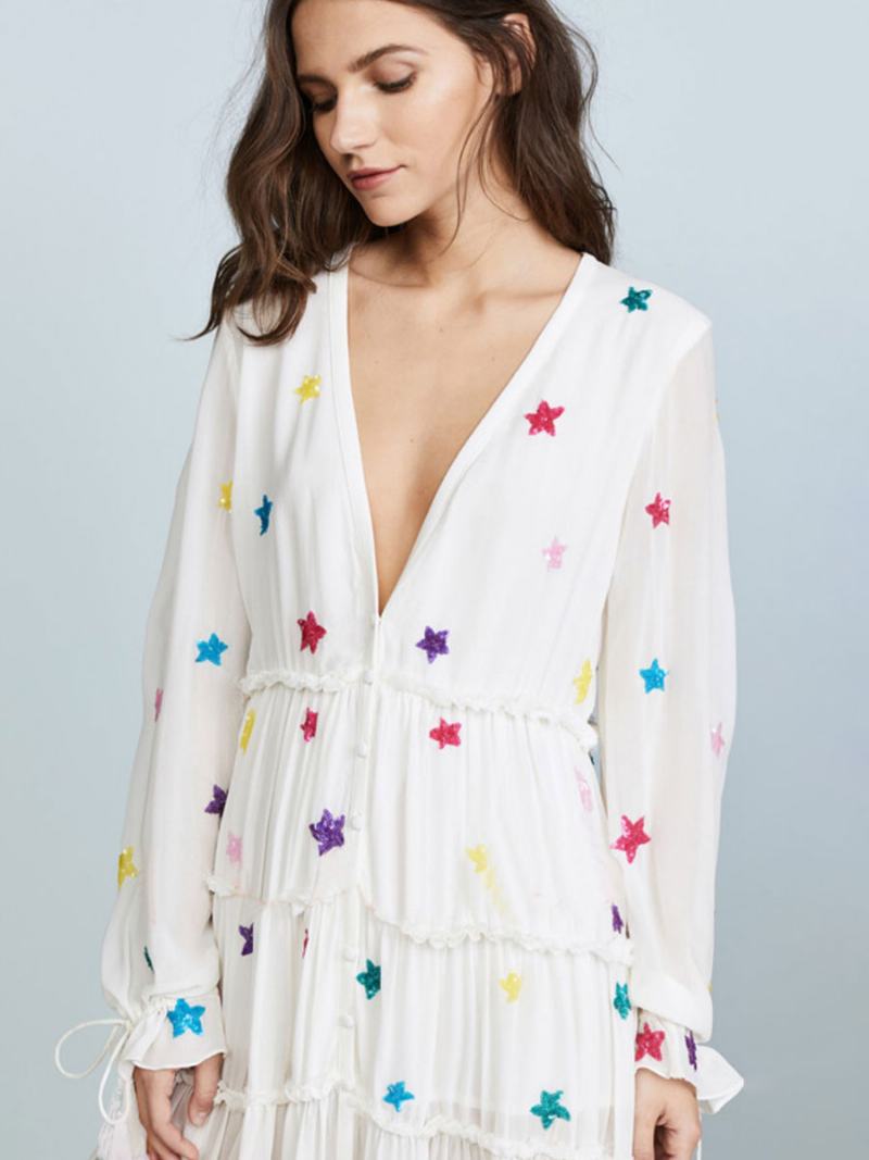 Boho Šaty Bílé Bavlna Hluboký Výstřih Do V S Dlouhým Rukávem Hvězdný Vzor Bohemian Gypsy Beach Prázdniny Jaro Podzim Dlouhé Vrstvené Pro Ženy - Bílá