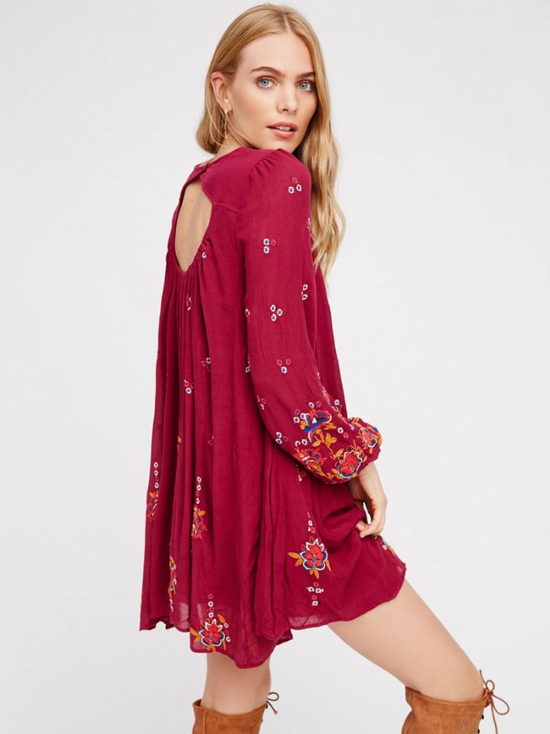 Boho Šaty Jewel Dlouhé Rukávy Vyšívané Bohémské Gypsy Beach Dovolená Bílé Jaro Léto Krátké Pro Ženy - Červená