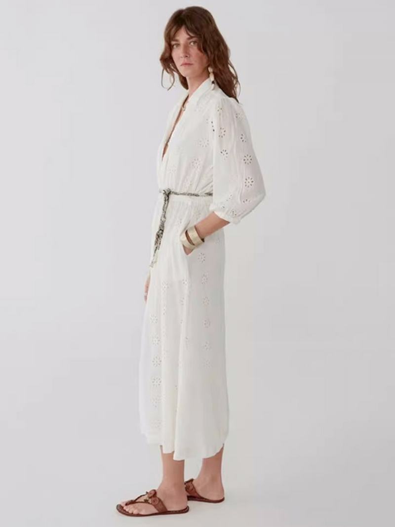 Dámské Bílé Elegantní Boho Šaty S Páskem Duté Letní - Béžová