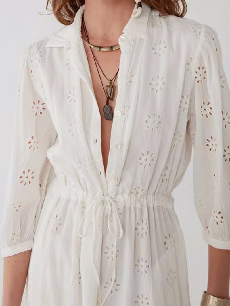 Dámské Bílé Elegantní Boho Šaty S Páskem Duté Letní - Béžová