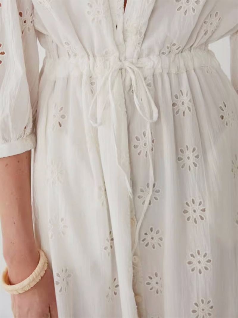 Dámské Bílé Elegantní Boho Šaty S Páskem Duté Letní - Béžová