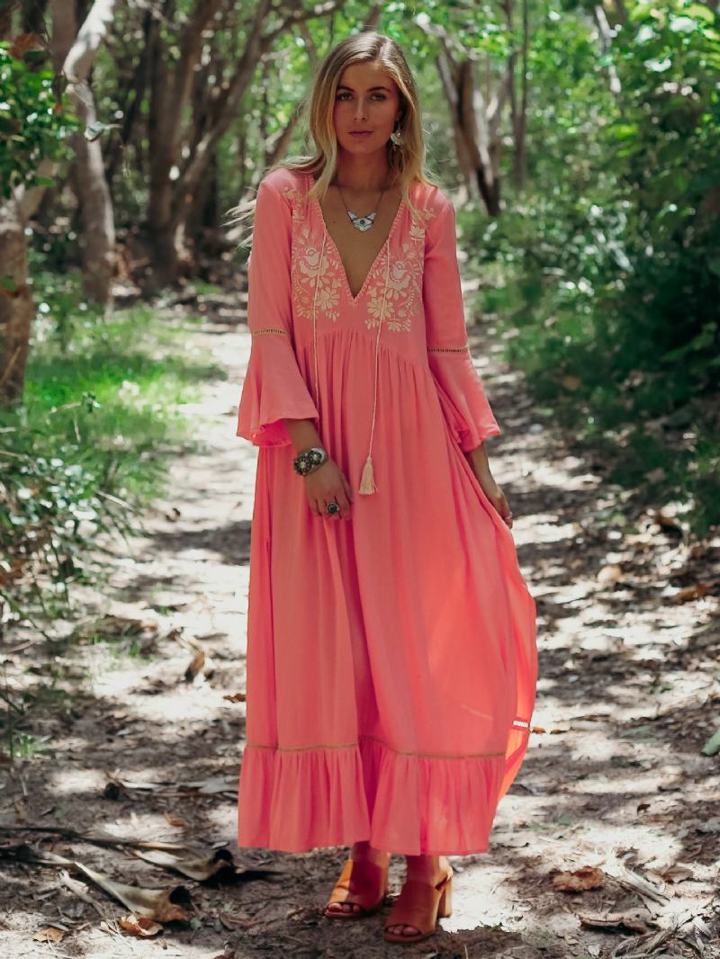 Dámské Boho Šaty S Květinovým Potiskem Výstřihem Do V - Růžová