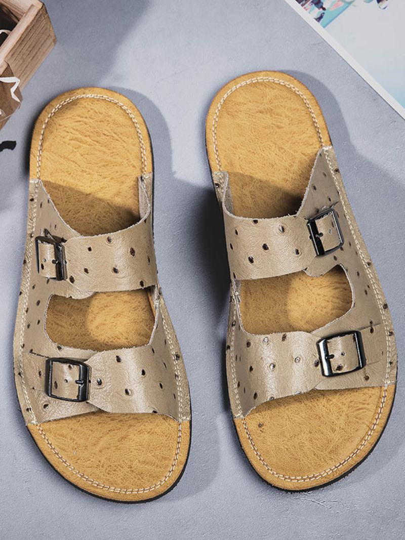 Pánské Sandály Slip-on Hovězí Kůže Gumová Podrážka - Khaki