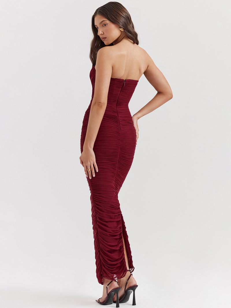 Dámské Šaty Bodycon Burgundsko Bez Ramínek Skládané Elegantní Tužkové Rukávů - Burgundské