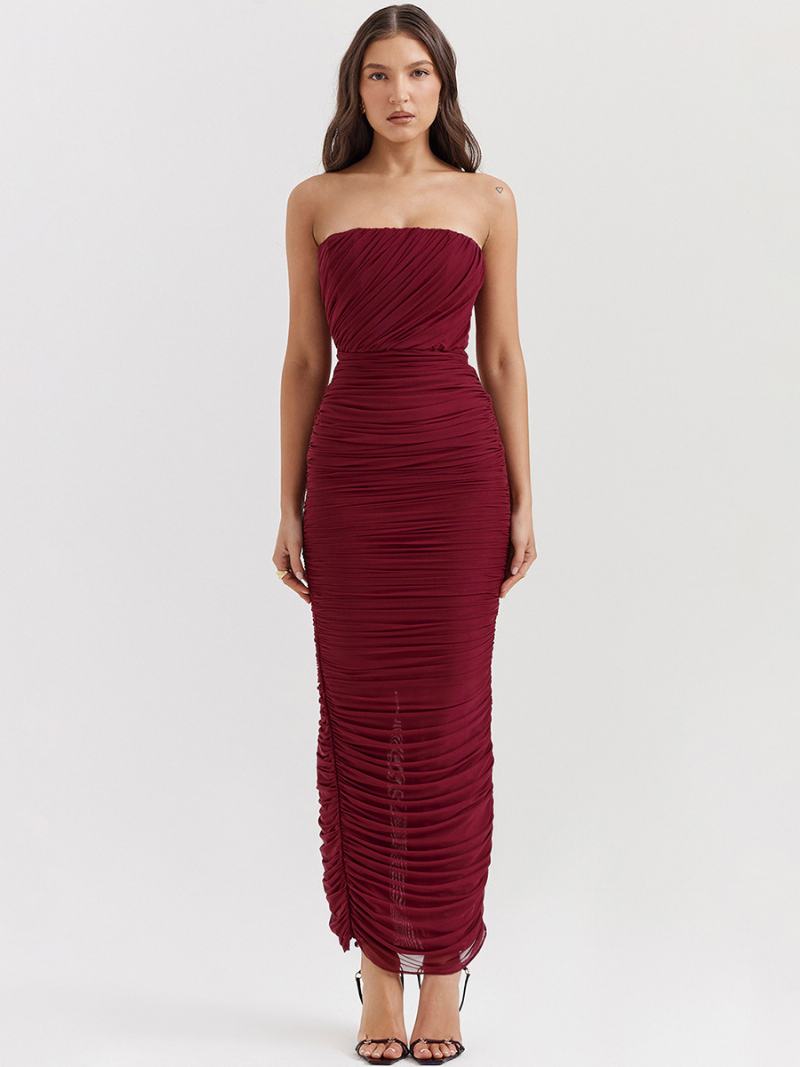 Dámské Šaty Bodycon Burgundsko Bez Ramínek Skládané Elegantní Tužkové Rukávů - Burgundské