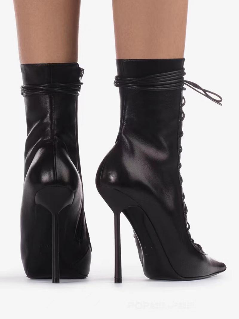 Dámské Kotníkové Boty Černé Špičaté Se Šněrováním Na Zip Vysokém Podpatku Sexy Kozačky - Černá