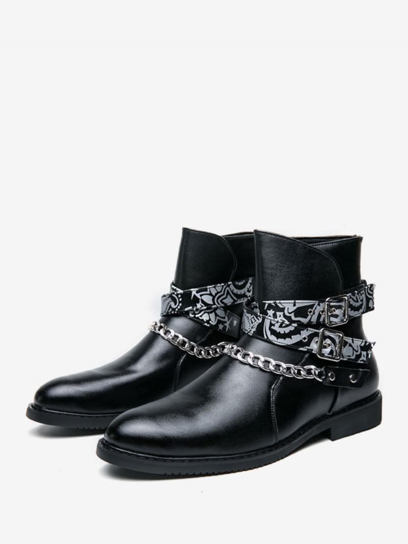 Pánské Boty Chelsea Boots Černé Pu Kožené Řetízky Na Jodhpur - Černá