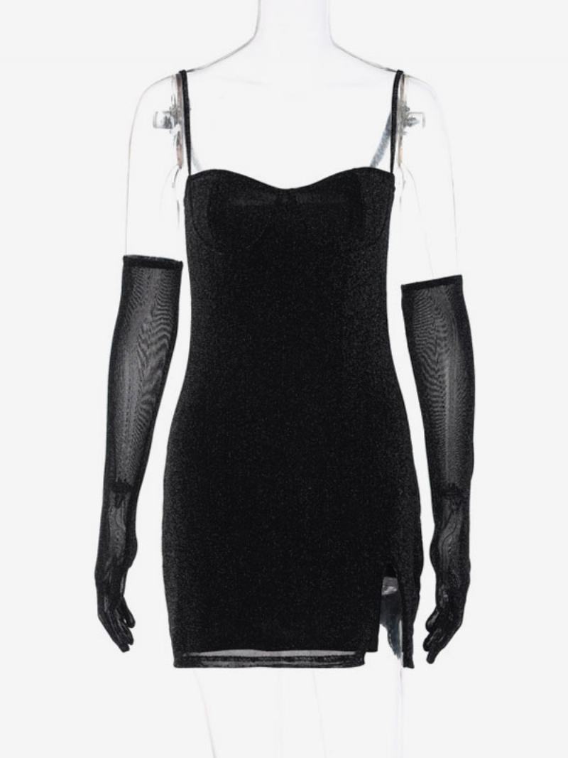 Dámské Narozeninové Šaty Bodycon Černé Bez Rukávů Rozdělené Přední Sexy Ramínka S Pouzdrem Ke Krku - Černá