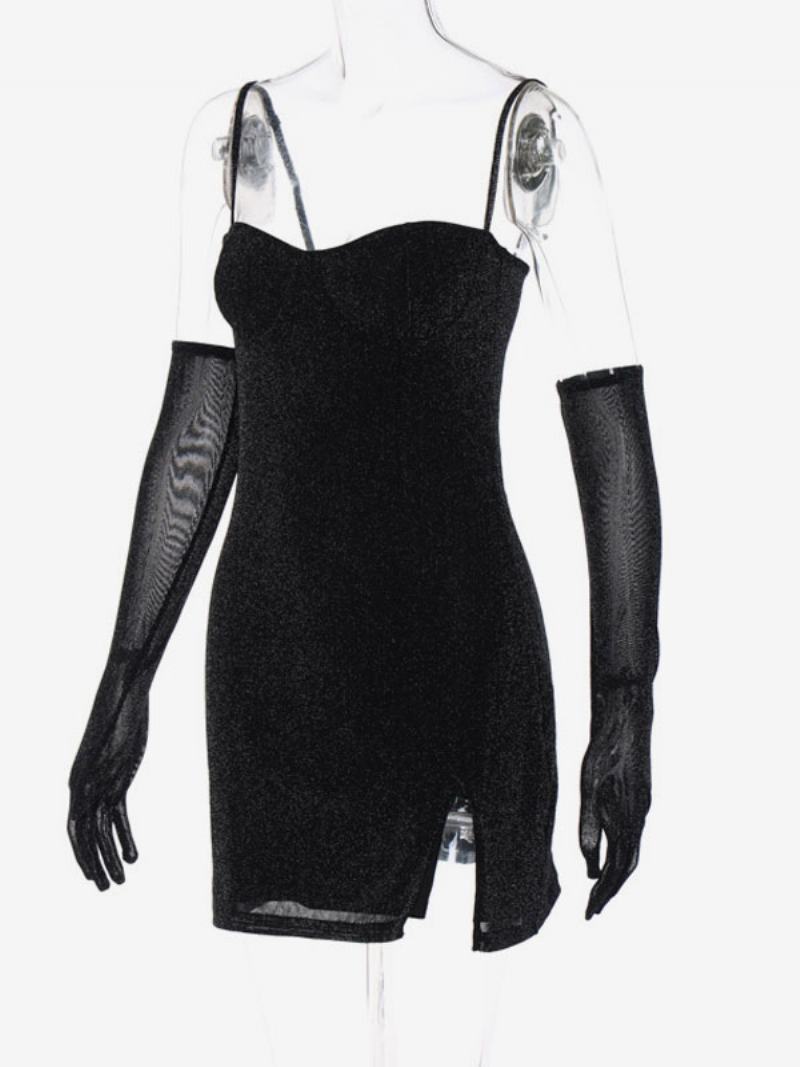 Dámské Narozeninové Šaty Bodycon Černé Bez Rukávů Rozdělené Přední Sexy Ramínka S Pouzdrem Ke Krku - Černá