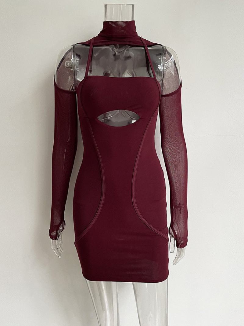 Dámské Šaty Bodycon S Výstřihem Na Otevřeném Rameni Patchwork Sexy Minišaty - Vínová