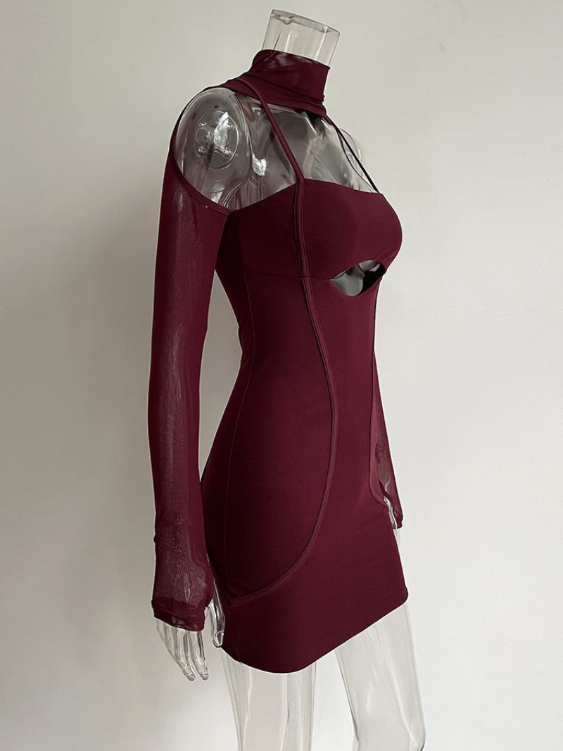 Dámské Šaty Bodycon S Výstřihem Na Otevřeném Rameni Patchwork Sexy Minišaty - Vínová