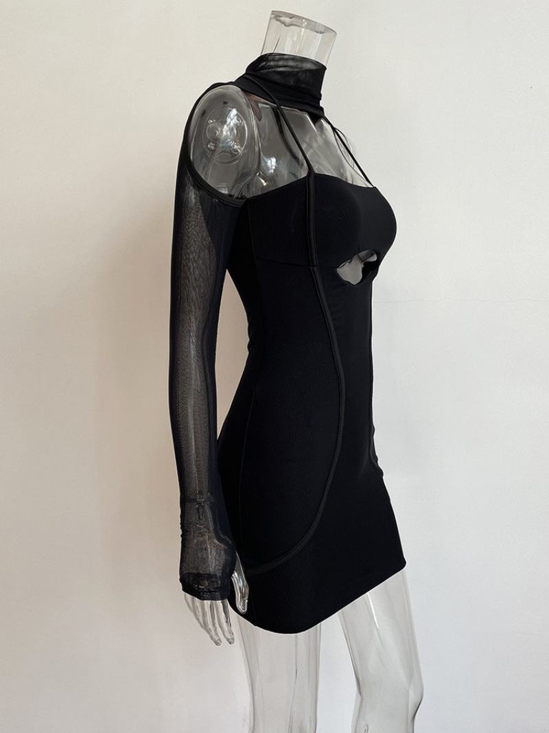 Dámské Šaty Bodycon S Výstřihem Na Otevřeném Rameni Patchwork Sexy Minišaty - Černá