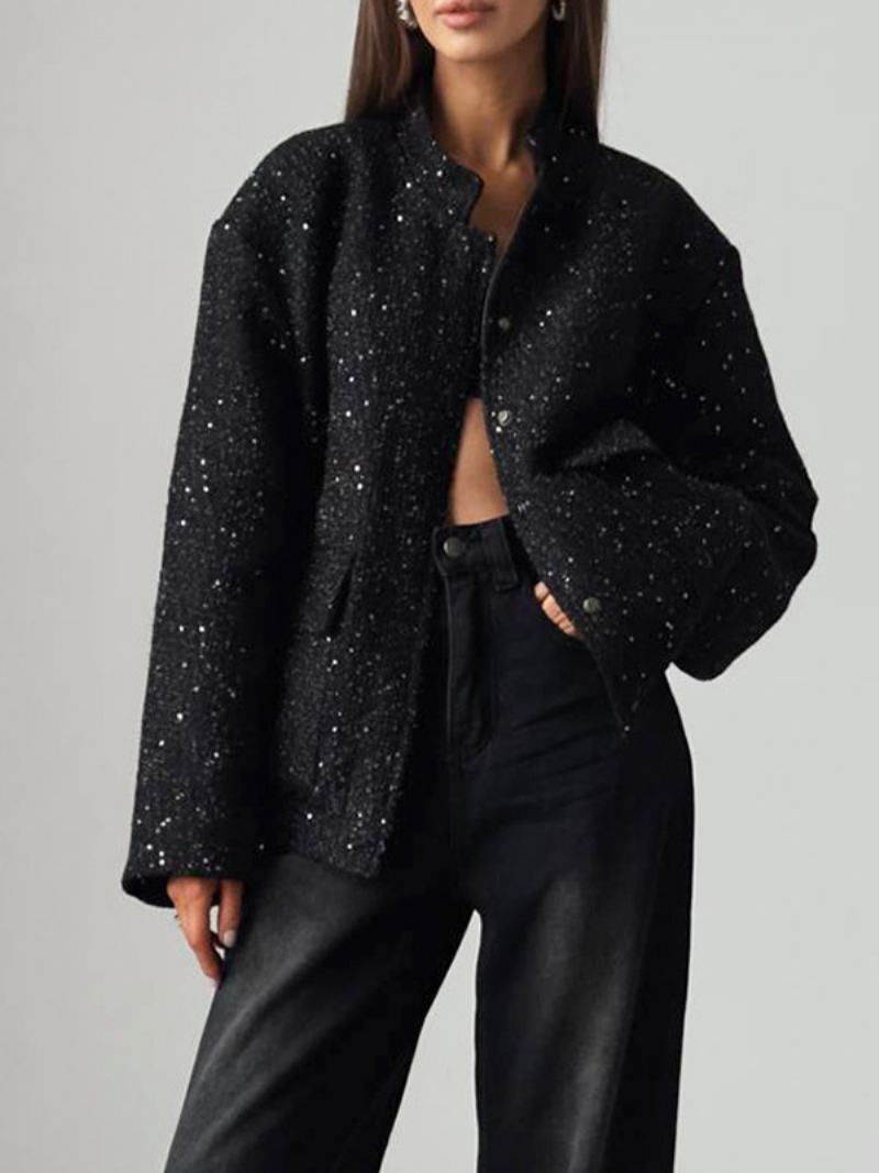 Dámská Bunda Se Zlatými Flitry Stojáček Límec Klopa Kapsy Oversized Retro Kabát - Černá