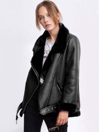 Dámská Kožená Bunda Faux Shearling Pu Moto Zimní Svrchní Oblečení