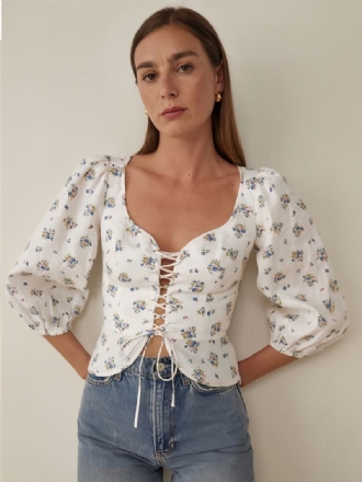 Halenka Pro Ženy Bílý Polyester Zdobený Límec Sexy Květinový Potisk Krajkové Topy S 3/4 Rukávy