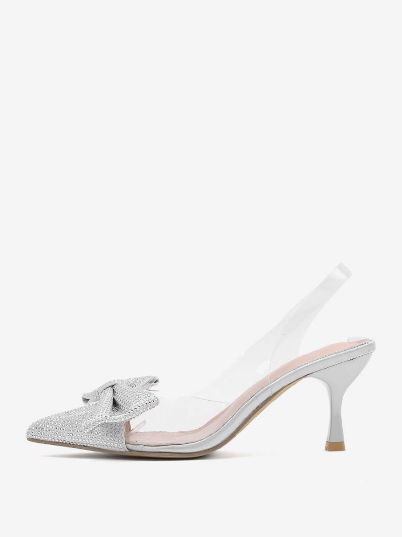 Dámské Kamínky Slingback Podpatky Transparentní Jehlový Podpatek Stříbrné Lodičky Pvc Svršek - Stříbro