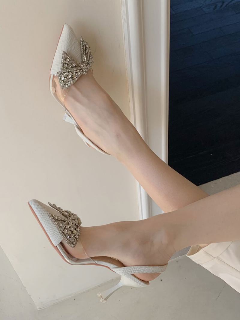 Dámské Společenské Lodičky Na Podpatku Kitten Black Pointed Toe Rhinestones Bow Slingback - Béžová