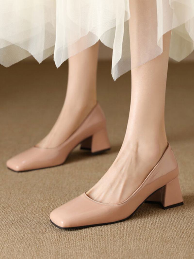 Dámské Vintage Boty Light Apricot Lakovaná Kůže Čtvercová Špička - Světle Světle Žlutá