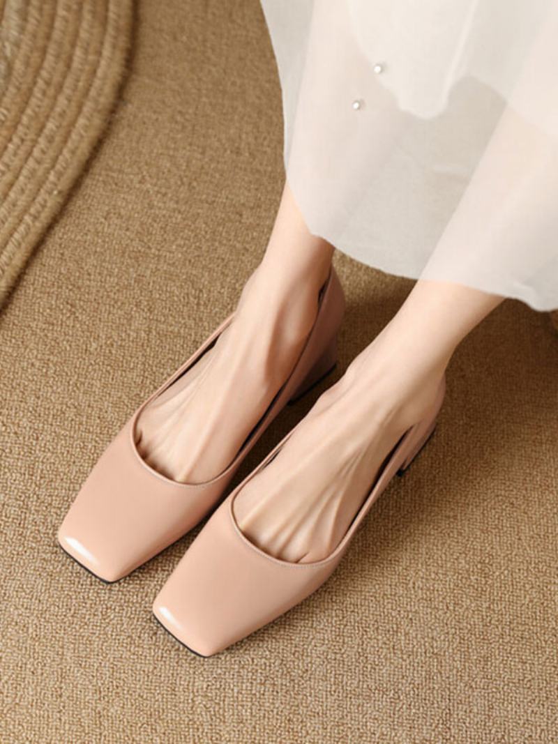 Dámské Vintage Boty Light Apricot Lakovaná Kůže Čtvercová Špička - Světle Světle Žlutá
