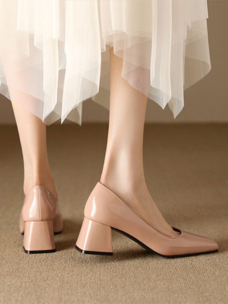 Dámské Vintage Boty Light Apricot Lakovaná Kůže Čtvercová Špička - Světle Světle Žlutá