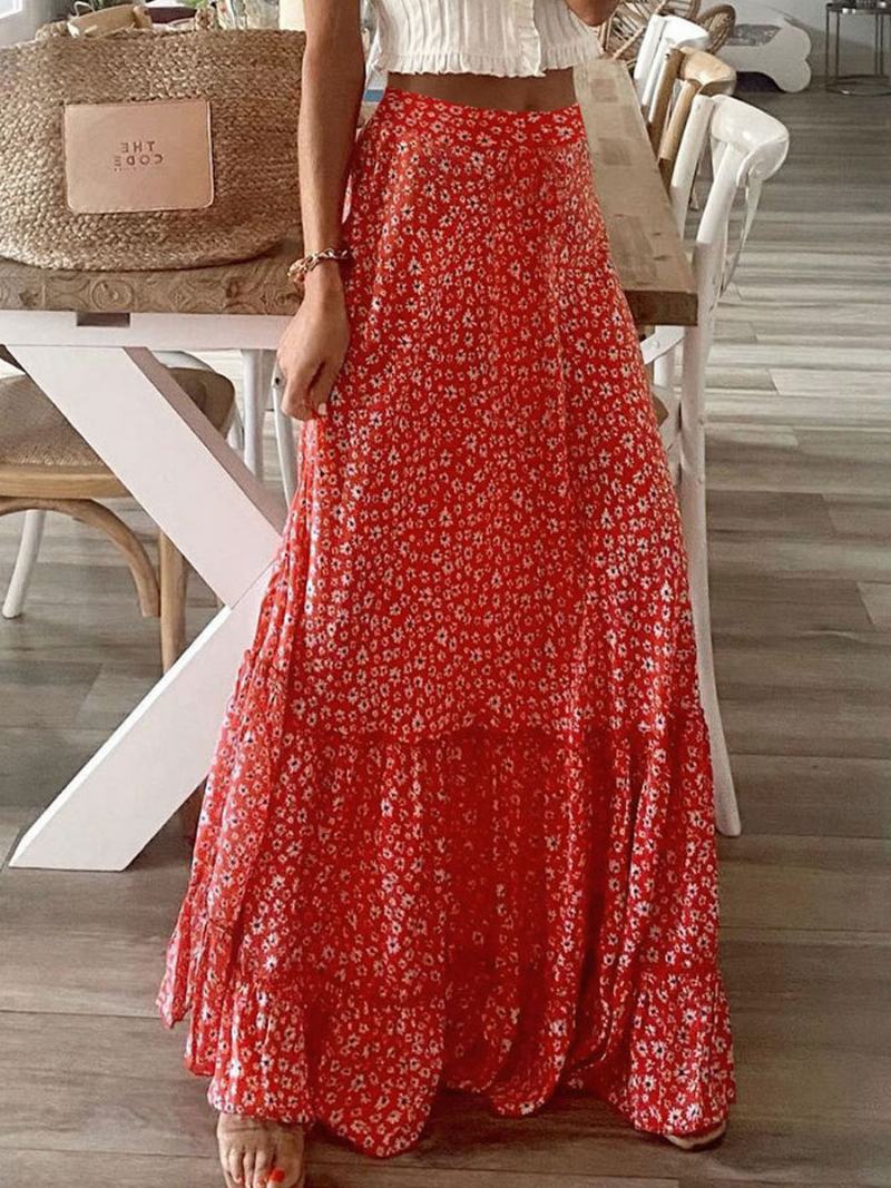 Potisk Celé Sukně S Vysokým Pasem Vrstvení Elegantního Dámského Spodku - Červená