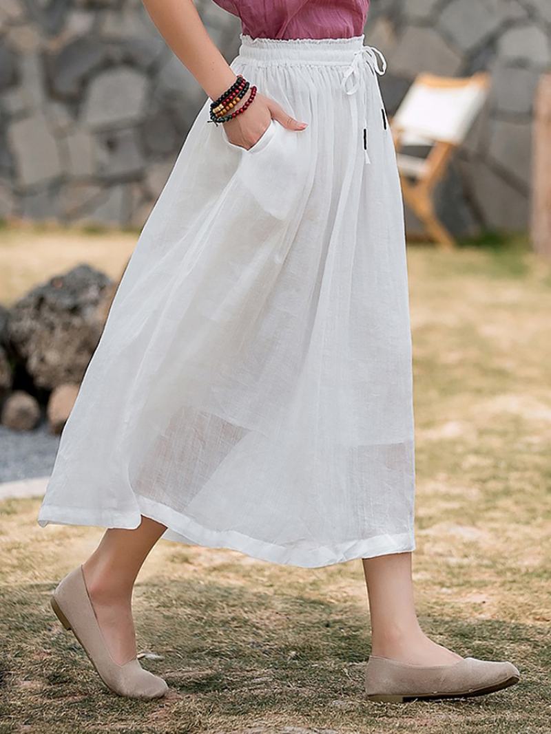 Sukně Bílá Bavlna Len Přírodní Pas Elegantní Oversized Podzimní Dlouhé Dámské Spodky
