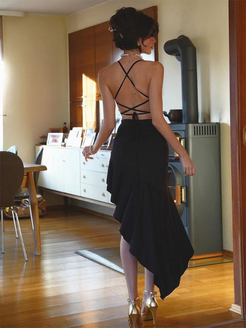 Dámské Bodycon Šaty S Ohlávkou Na Krku Volánky Střih Sexy Bez Zad - Černá