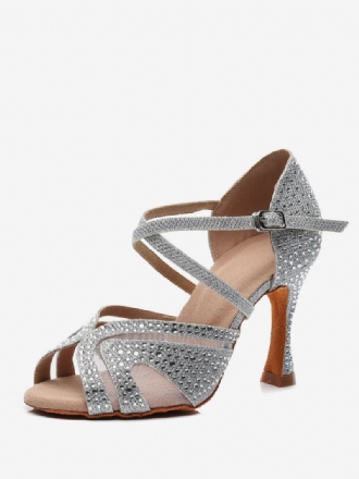 Dámské Přizpůsobené Boty Pro Latinskoamerický Tanec Stříbrné Peep Toe Rhinestones Společenský